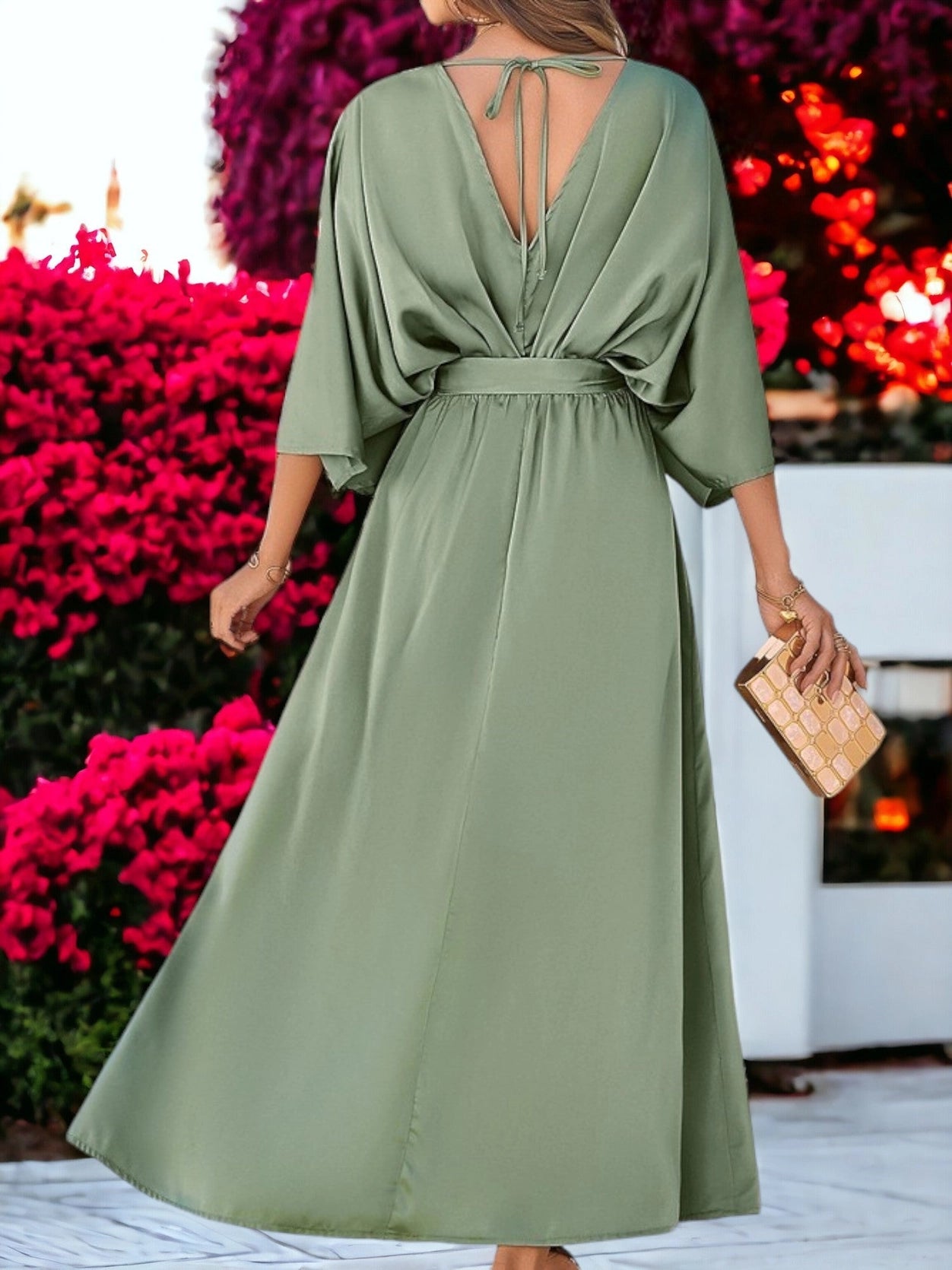 Elegant V-Neck High Waisted Tie Loose Long Split Maxi Dress