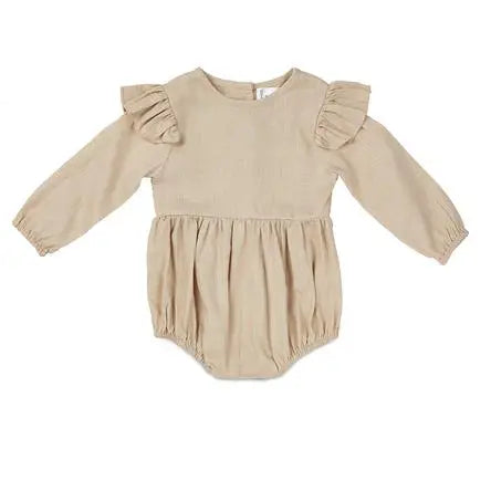 Oatmeal Flutter Sleeve Linen Baby Romper
