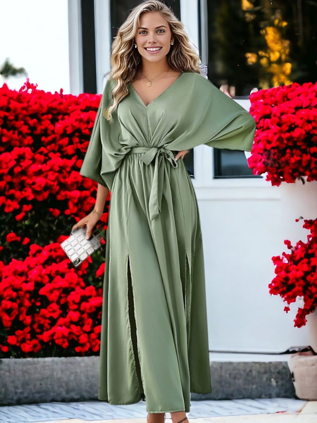 Elegant V-Neck High Waisted Tie Loose Long Split Maxi Dress