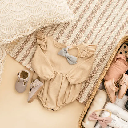 Oatmeal Flutter Sleeve Linen Baby Romper