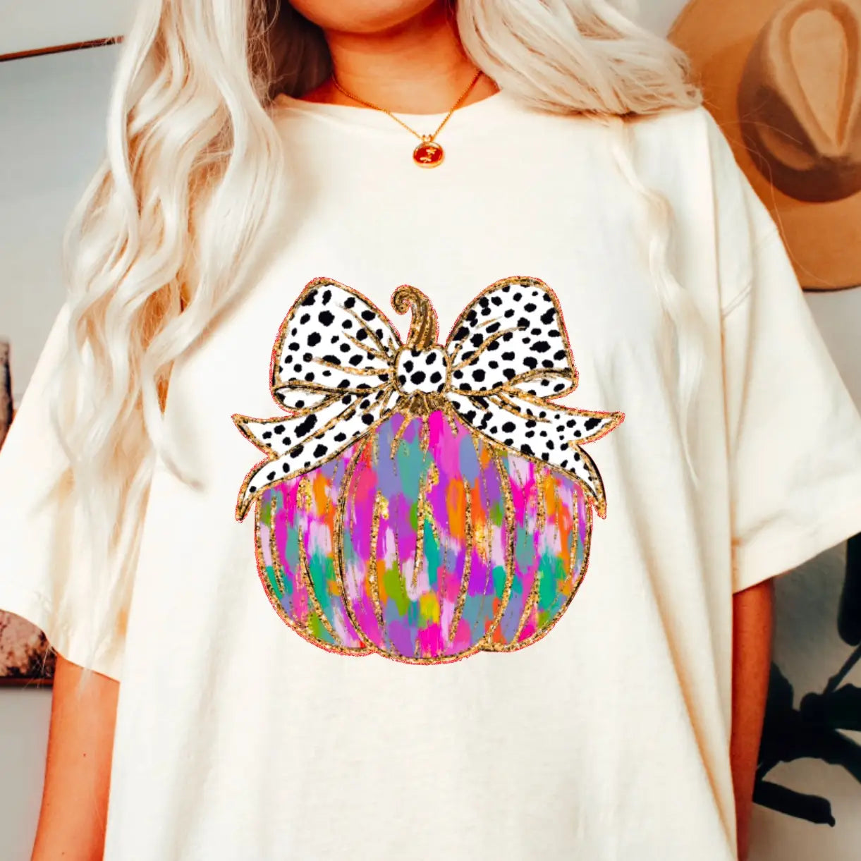 Colorful Faux Glitter Pumpkin Coquette Graphic Tee